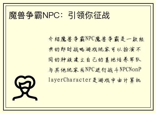 魔兽争霸NPC：引领你征战