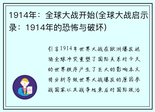 1914年：全球大战开始(全球大战启示录：1914年的恐怖与破坏)
